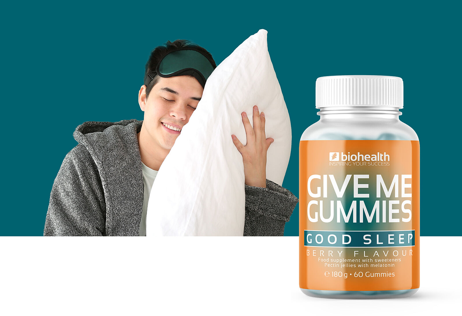 Verschlafener Mann mit Kissen in der Hand neben Produktverpackung Dose