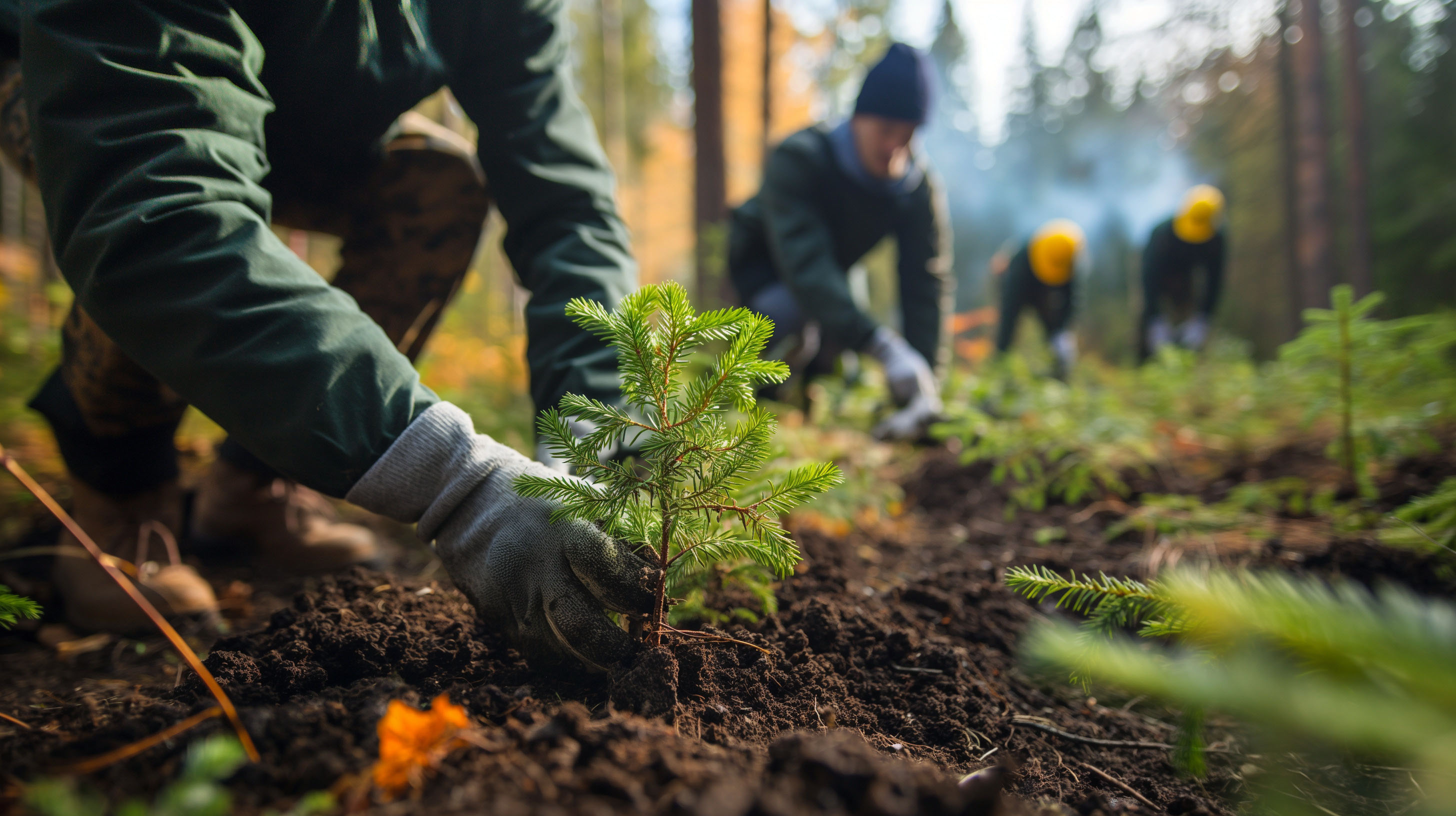 Fokus auf einem kleinen Baumsetzling, der im Wald gepflanzt wird. Zu sehen sind behandschuhte Hände, die den Setzling einsetzen, der Hintergrund unscharf