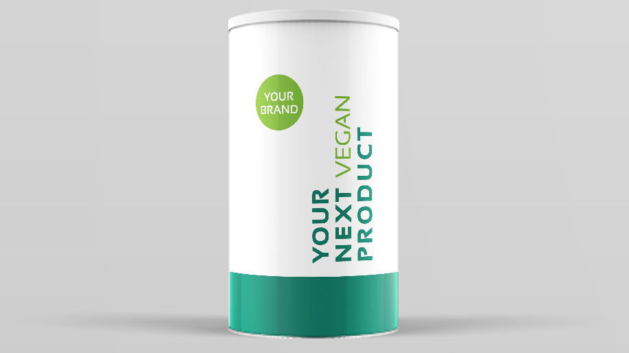 Mock Up Dose "Your next vegan product" vor grauem Hintergrund