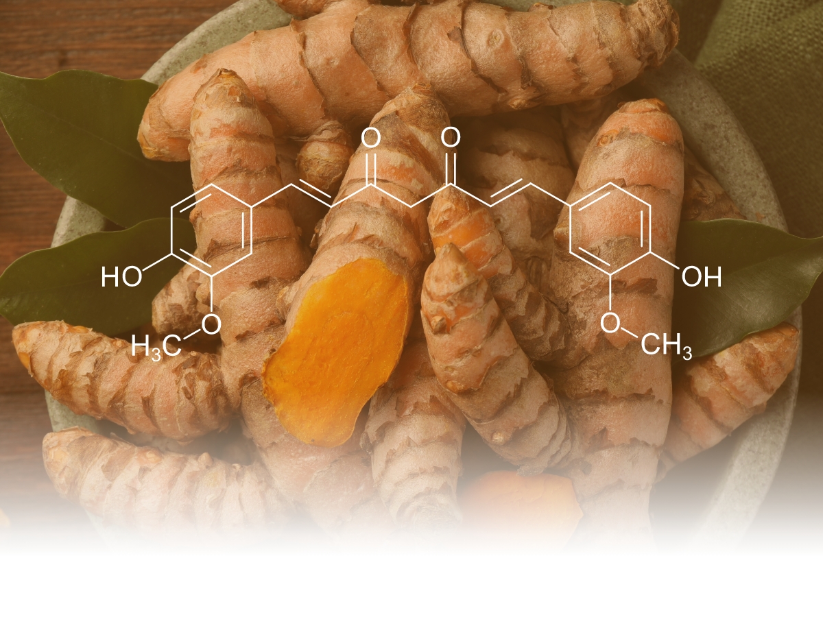 Im Hintergrund Kurkumawurzeln, darauf die Strukturformel des Curcumin 