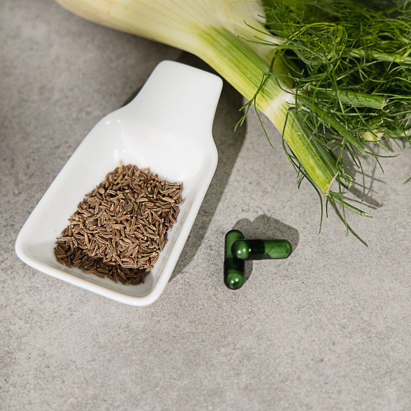 Nahrungsergänzungsmittel zur Verdauung liegen auf grauem Untergrund, daneben eine Schale Kümmel und ein Fenchel