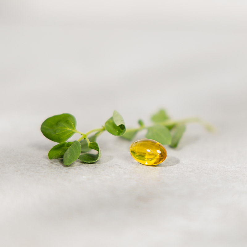 Eine Weichkapsel liegt neben ein paar Blättern Oregano