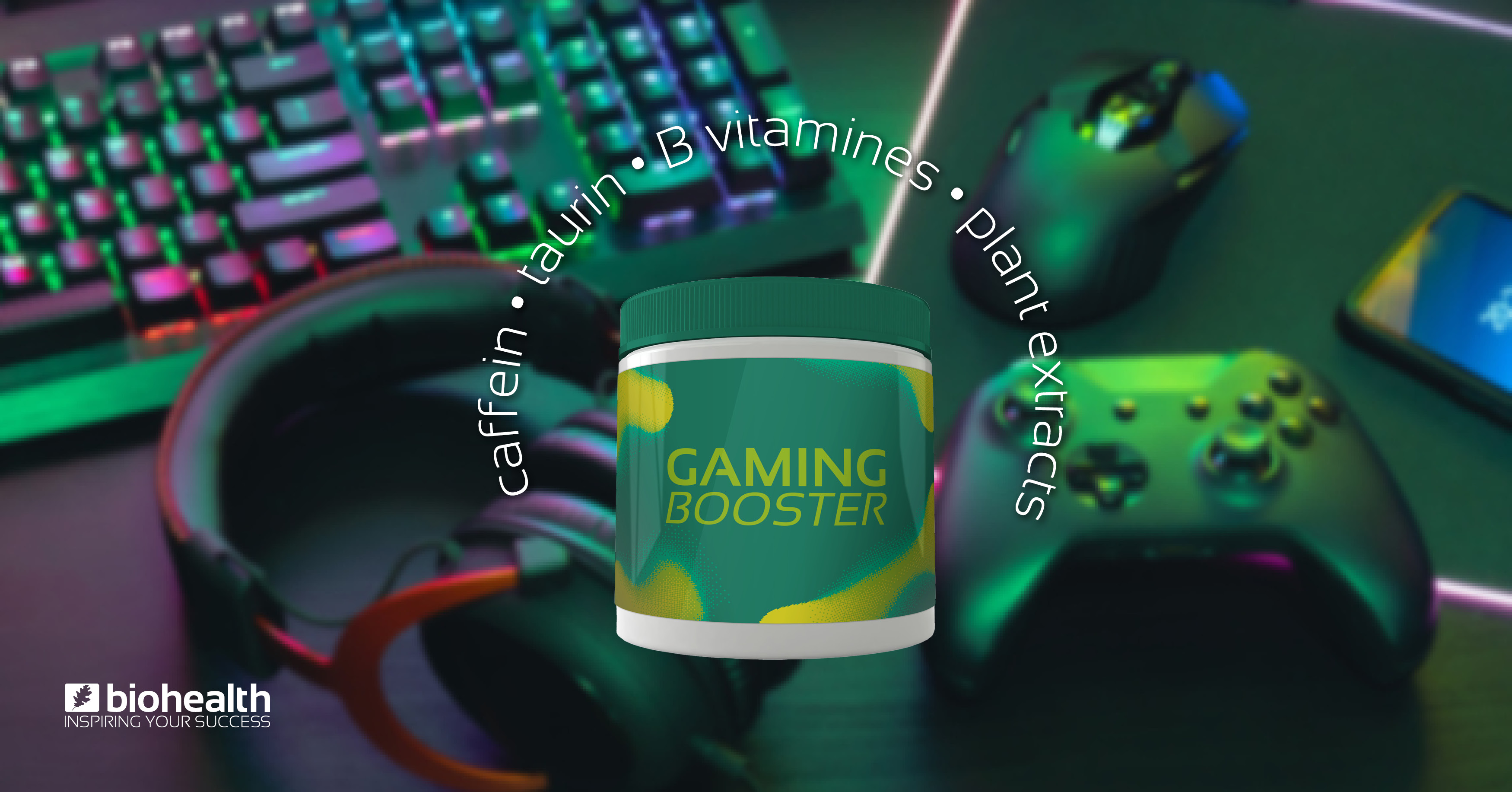 Im Hintergrund verschwommenes Gaming Equipment, davor eine grüne Dose Gaming Booster