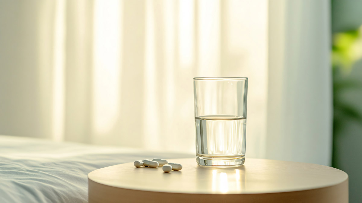 Suf einem runden Nachttisch liegen 5 Kapseln, daneben steht ein Glas Wasser. Im Hintergrund ist ein Schlafzimmer zu erahnen